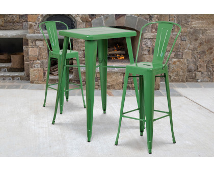 BLNK Gable Commercial Square Metal Indoor-Outdoor Bar Table Set with 2 Stools with Backs