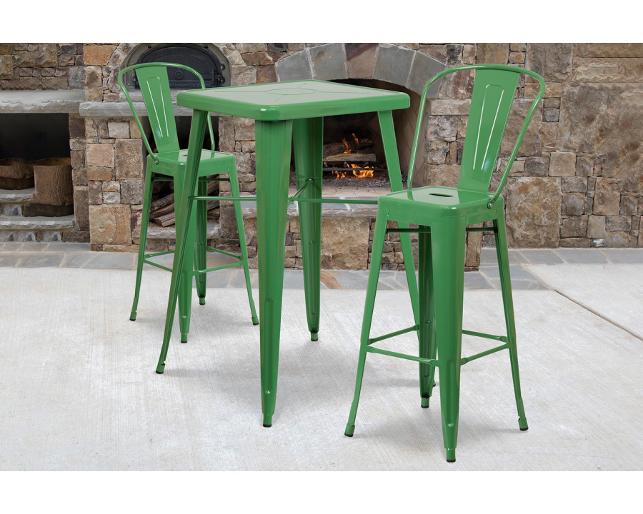 BLNK Gable Commercial Square Metal Indoor-Outdoor Bar Table Set with 2 Stools with Backs - Green