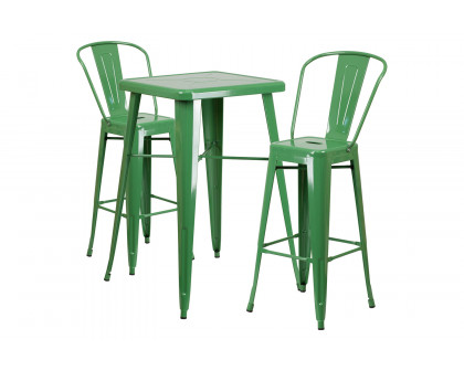 BLNK Gable Commercial Square Metal Indoor-Outdoor Bar Table Set with 2 Stools with Backs - Green