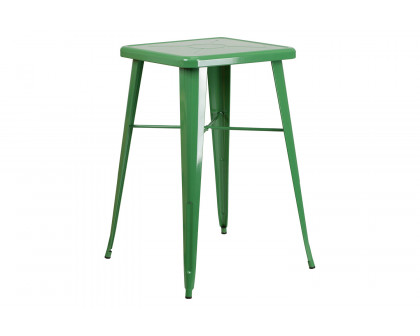 BLNK Gable Commercial Square Metal Indoor-Outdoor Bar Table Set with 2 Stools with Backs - Green