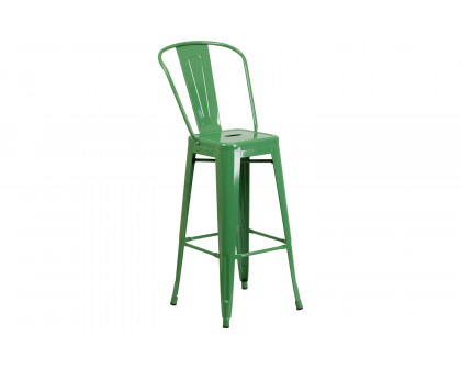 BLNK Gable Commercial Square Metal Indoor-Outdoor Bar Table Set with 2 Stools with Backs - Green