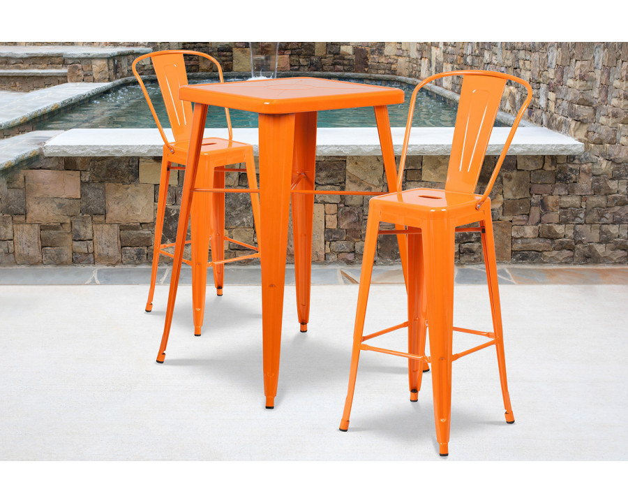 BLNK Gable Commercial Square Metal Indoor-Outdoor Bar Table Set with 2 Stools with Backs - Orange