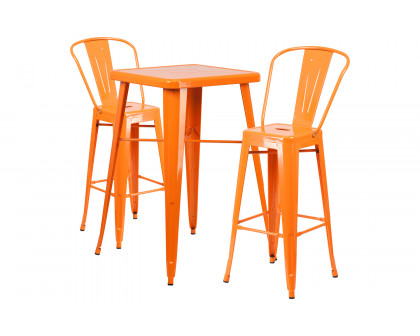 BLNK Gable Commercial Square Metal Indoor-Outdoor Bar Table Set with 2 Stools with Backs - Orange