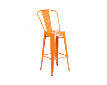 BLNK Gable Commercial Square Metal Indoor-Outdoor Bar Table Set with 2 Stools with Backs - Orange