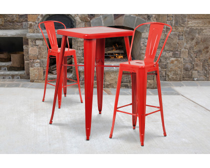 BLNK Gable Commercial Square Metal Indoor-Outdoor Bar Table Set with 2 Stools with Backs