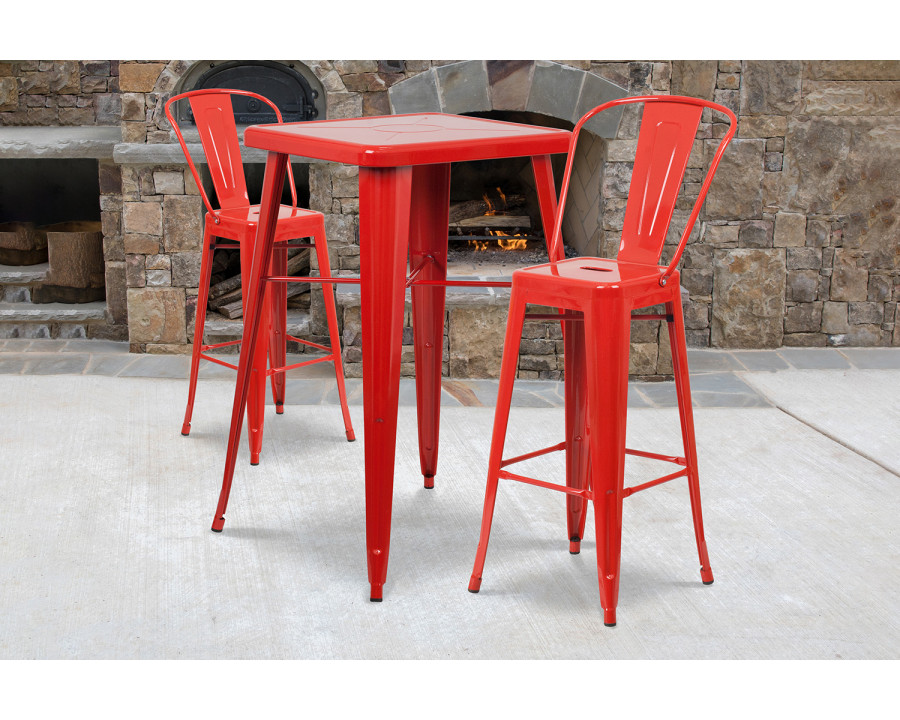 BLNK Gable Commercial Square Metal Indoor-Outdoor Bar Table Set with 2 Stools with Backs - Red