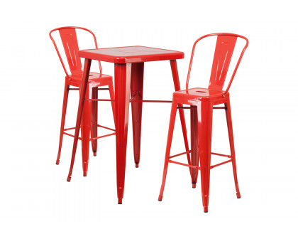 BLNK Gable Commercial Square Metal Indoor-Outdoor Bar Table Set with 2 Stools with Backs - Red