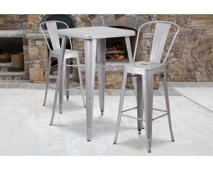 BLNK Gable Commercial Square Metal Indoor-Outdoor Bar Table Set with 2 Stools with Backs