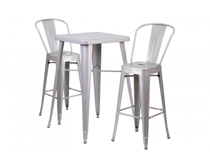 BLNK Gable Commercial Square Metal Indoor-Outdoor Bar Table Set with 2 Stools with Backs - Silver