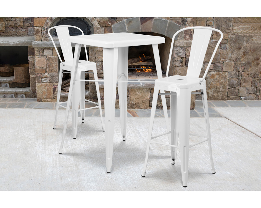 BLNK Gable Commercial Square Metal Indoor-Outdoor Bar Table Set with 2 Stools with Backs