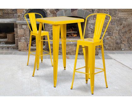 BLNK Gable Commercial Square Metal Indoor-Outdoor Bar Table Set with 2 Stools with Backs