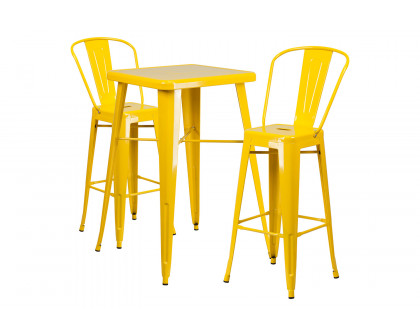 BLNK Gable Commercial Square Metal Indoor-Outdoor Bar Table Set with 2 Stools with Backs - Yellow