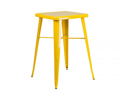 BLNK Gable Commercial Square Metal Indoor-Outdoor Bar Table Set with 2 Stools with Backs - Yellow