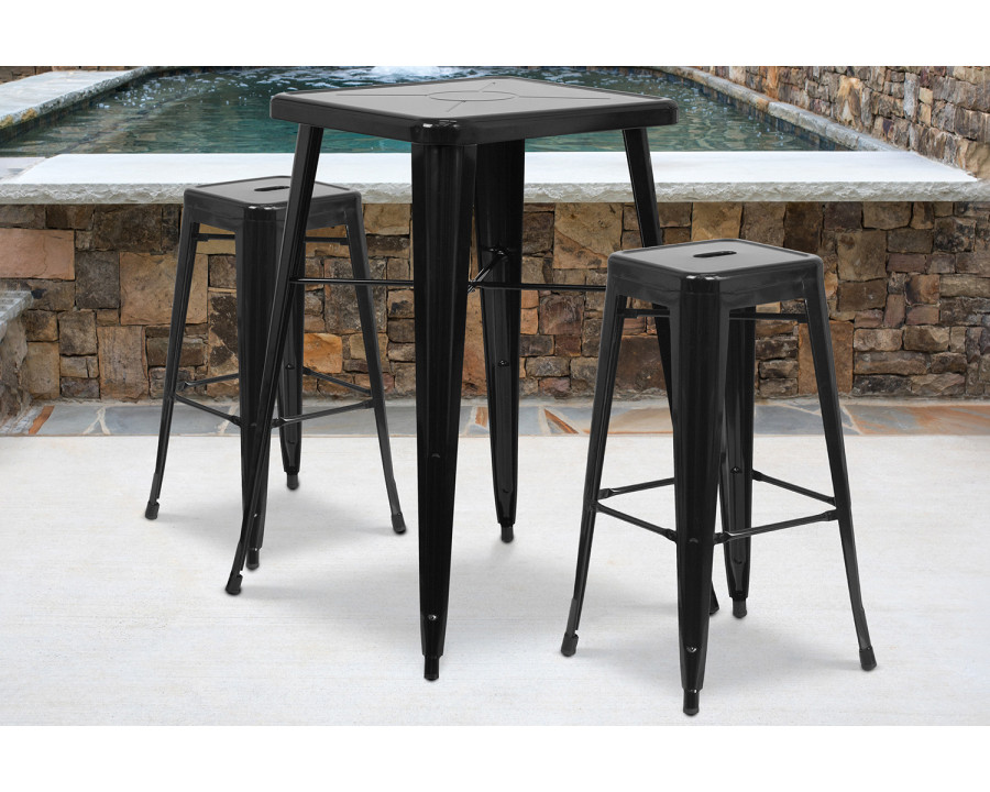 BLNK Stone Commercial Square Metal Indoor-Outdoor Bar Table Set with 2 Square Seat Backless Stools