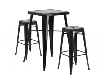 BLNK Stone Commercial Square Metal Indoor-Outdoor Bar Table Set with 2 Square Seat Backless Stools