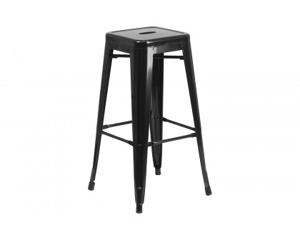 BLNK Stone Commercial Square Metal Indoor-Outdoor Bar Table Set with 2 Square Seat Backless Stools - Black