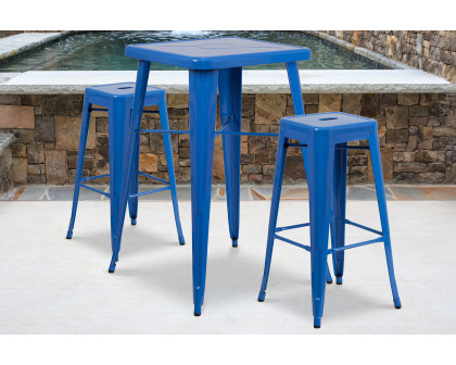 BLNK Stone Commercial Square Metal Indoor-Outdoor Bar Table Set with 2 Square Seat Backless Stools