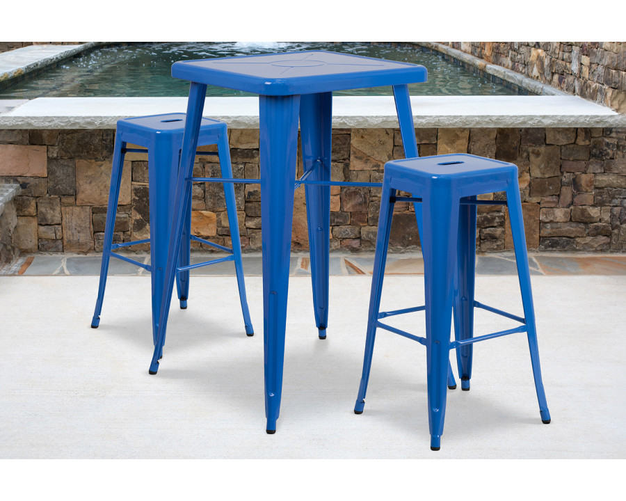 BLNK Stone Commercial Square Metal Indoor-Outdoor Bar Table Set with 2 Square Seat Backless Stools - Blue