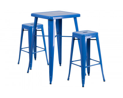 BLNK Stone Commercial Square Metal Indoor-Outdoor Bar Table Set with 2 Square Seat Backless Stools - Blue