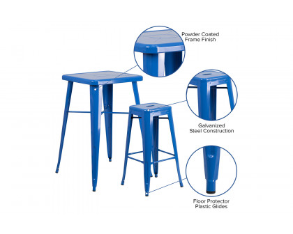 BLNK Stone Commercial Square Metal Indoor-Outdoor Bar Table Set with 2 Square Seat Backless Stools - Blue