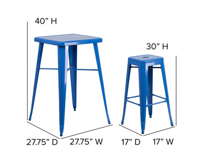 BLNK Stone Commercial Square Metal Indoor-Outdoor Bar Table Set with 2 Square Seat Backless Stools - Blue