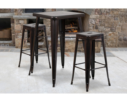 BLNK Stone Commercial Square Metal Indoor-Outdoor Bar Table Set with 2 Square Seat Backless Stools