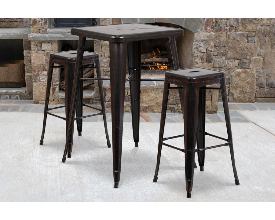 BLNK Stone Commercial Square Metal Indoor-Outdoor Bar Table Set with 2 Square Seat Backless Stools - Black/Antique Gold