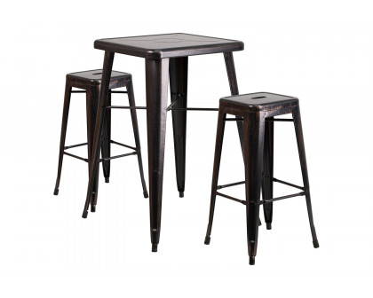 BLNK Stone Commercial Square Metal Indoor-Outdoor Bar Table Set with 2 Square Seat Backless Stools - Black/Antique Gold