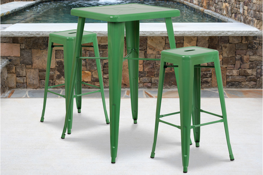 BLNK™ Stone Commercial Square Metal Indoor-Outdoor Bar Table Set with 2 Square Seat Backless Stools - Green