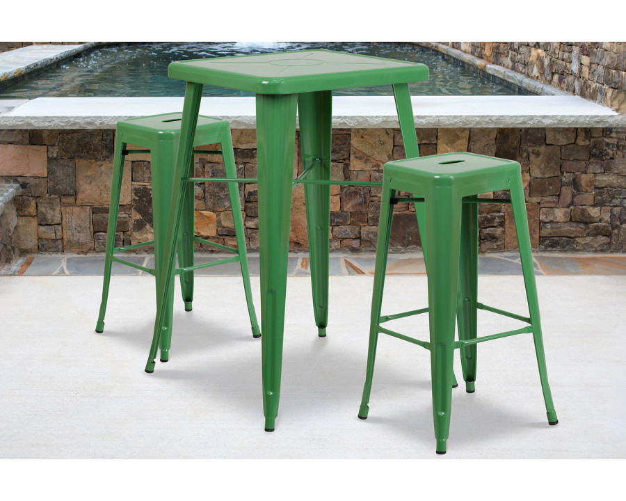 BLNK Stone Commercial Square Metal Indoor-Outdoor Bar Table Set with 2 Square Seat Backless Stools - Green