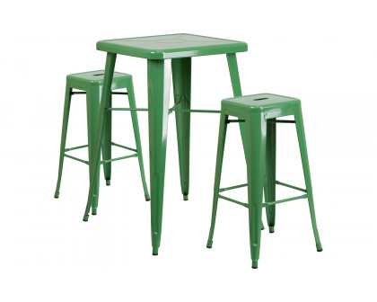 BLNK™ Stone Commercial Square Metal Indoor-Outdoor Bar Table Set with 2 Square Seat Backless Stools - Green