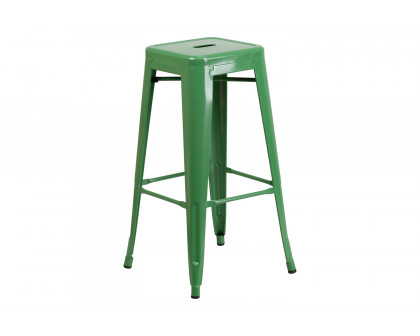 BLNK™ Stone Commercial Square Metal Indoor-Outdoor Bar Table Set with 2 Square Seat Backless Stools - Green