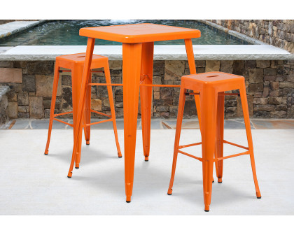 BLNK Stone Commercial Square Metal Indoor-Outdoor Bar Table Set with 2 Square Seat Backless Stools