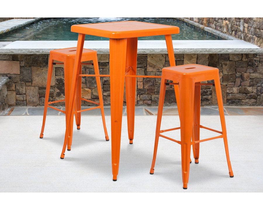 BLNK Stone Commercial Square Metal Indoor-Outdoor Bar Table Set with 2 Square Seat Backless Stools - Orange