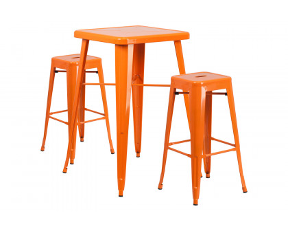 BLNK Stone Commercial Square Metal Indoor-Outdoor Bar Table Set with 2 Square Seat Backless Stools - Orange