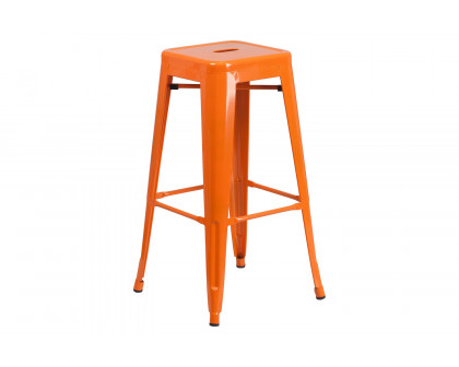 BLNK Stone Commercial Square Metal Indoor-Outdoor Bar Table Set with 2 Square Seat Backless Stools - Orange