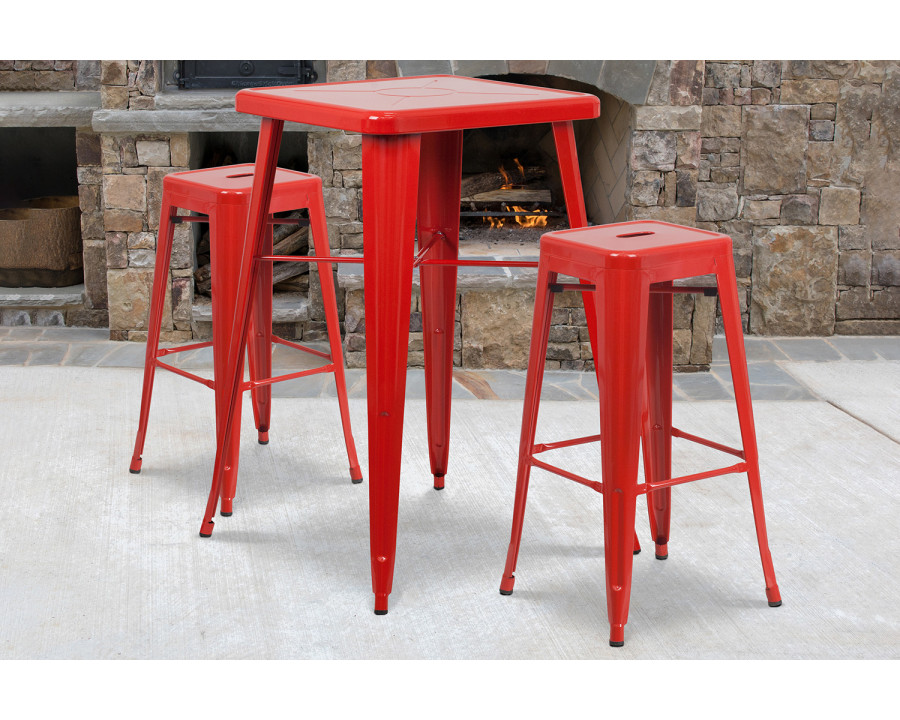 BLNK Stone Commercial Square Metal Indoor-Outdoor Bar Table Set with 2 Square Seat Backless Stools - Red