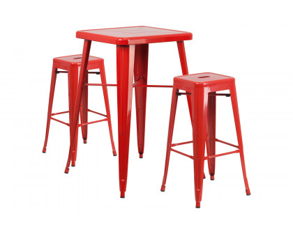 BLNK Stone Commercial Square Metal Indoor-Outdoor Bar Table Set with 2 Square Seat Backless Stools - Red