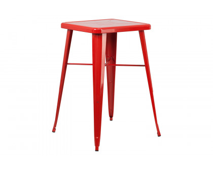 BLNK Stone Commercial Square Metal Indoor-Outdoor Bar Table Set with 2 Square Seat Backless Stools - Red