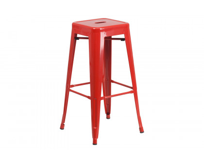 BLNK Stone Commercial Square Metal Indoor-Outdoor Bar Table Set with 2 Square Seat Backless Stools - Red