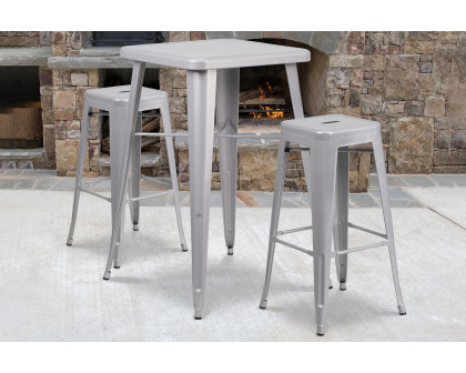 BLNK Stone Commercial Square Metal Indoor-Outdoor Bar Table Set with 2 Square Seat Backless Stools