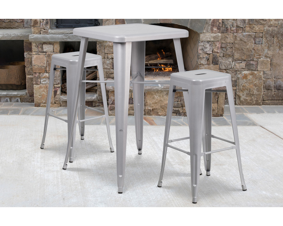 BLNK Stone Commercial Square Metal Indoor-Outdoor Bar Table Set with 2 Square Seat Backless Stools - Silver