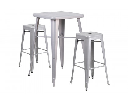 BLNK Stone Commercial Square Metal Indoor-Outdoor Bar Table Set with 2 Square Seat Backless Stools - Silver