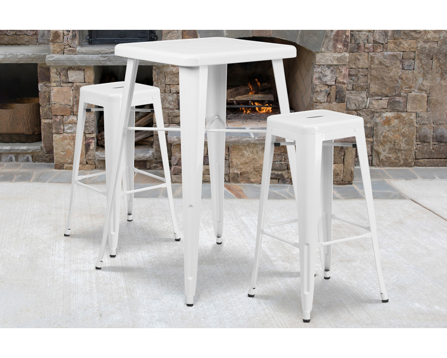 BLNK Stone Commercial Square Metal Indoor-Outdoor Bar Table Set with 2 Square Seat Backless Stools - White