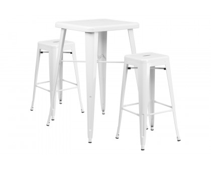 BLNK Stone Commercial Square Metal Indoor-Outdoor Bar Table Set with 2 Square Seat Backless Stools - White