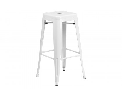 BLNK Stone Commercial Square Metal Indoor-Outdoor Bar Table Set with 2 Square Seat Backless Stools - White