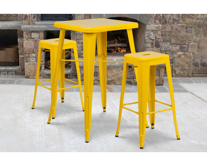 BLNK Stone Commercial Square Metal Indoor-Outdoor Bar Table Set with 2 Square Seat Backless Stools