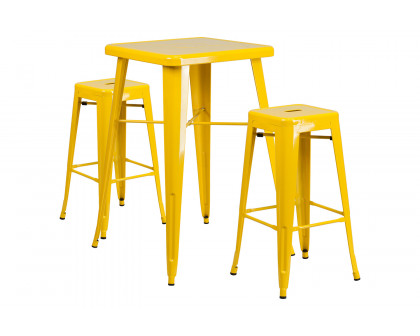 BLNK Stone Commercial Square Metal Indoor-Outdoor Bar Table Set with 2 Square Seat Backless Stools - Yellow