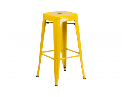 BLNK Stone Commercial Square Metal Indoor-Outdoor Bar Table Set with 2 Square Seat Backless Stools - Yellow