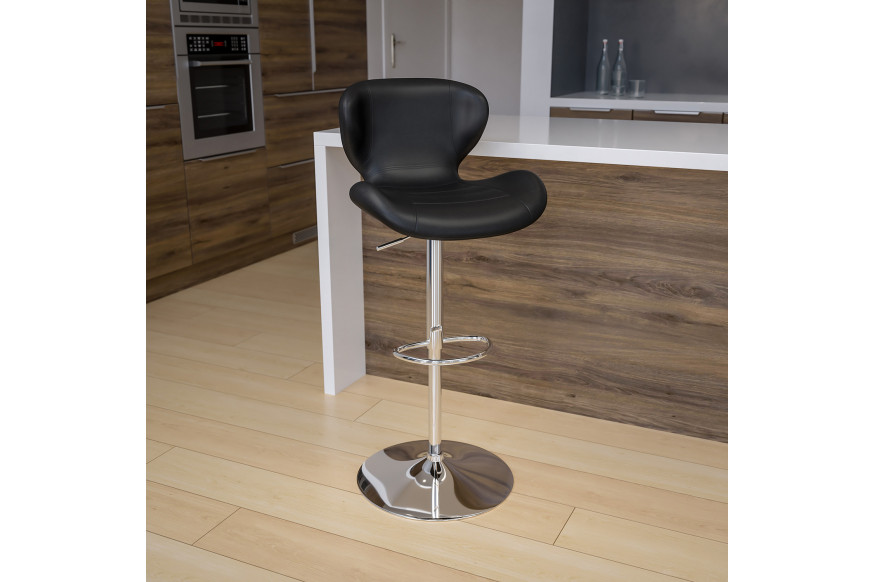 BLNK™ Francis Vinyl Adjustable Height Bar Stool with Curved Back and Chrome Base - Black